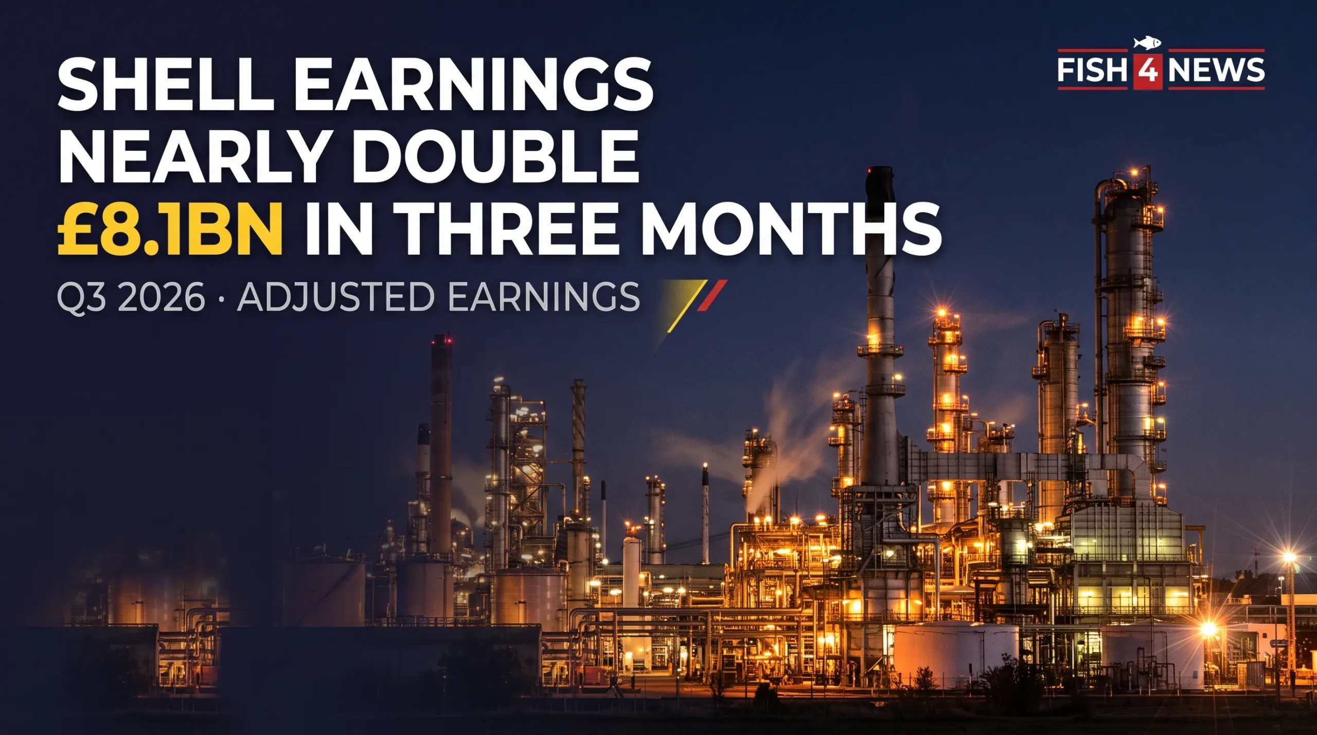 Editorial illustration of an oil refinery at dusk with the headline Shell earnings nearly double, £8.1bn in three months
