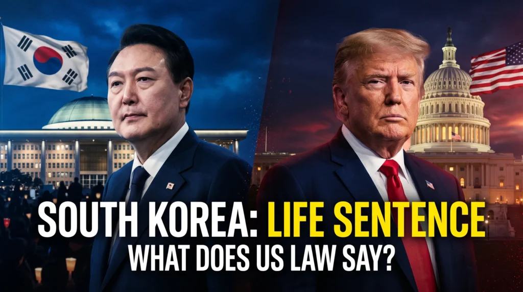Editorial composite of Yoon Suk Yeol and Donald Trump with Korean and American flags and government buildings. Headline compares South Korea's insurrection conviction with US law.