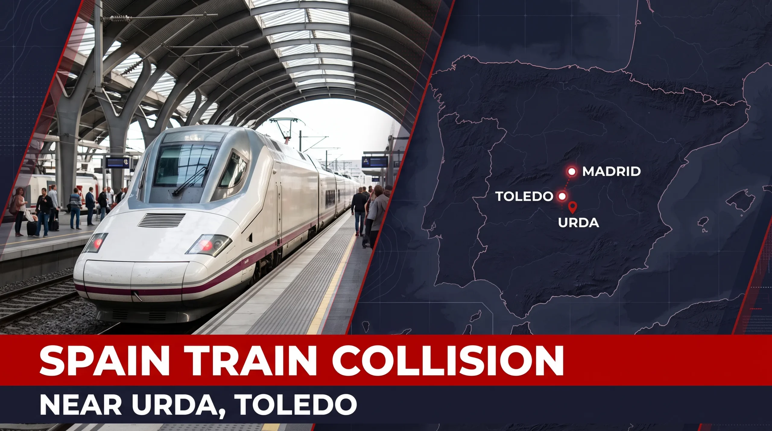 Editorial composite showing an illustrative Spanish high-speed train and a map locating Urda in Toledo province, with headline Spain train collision.