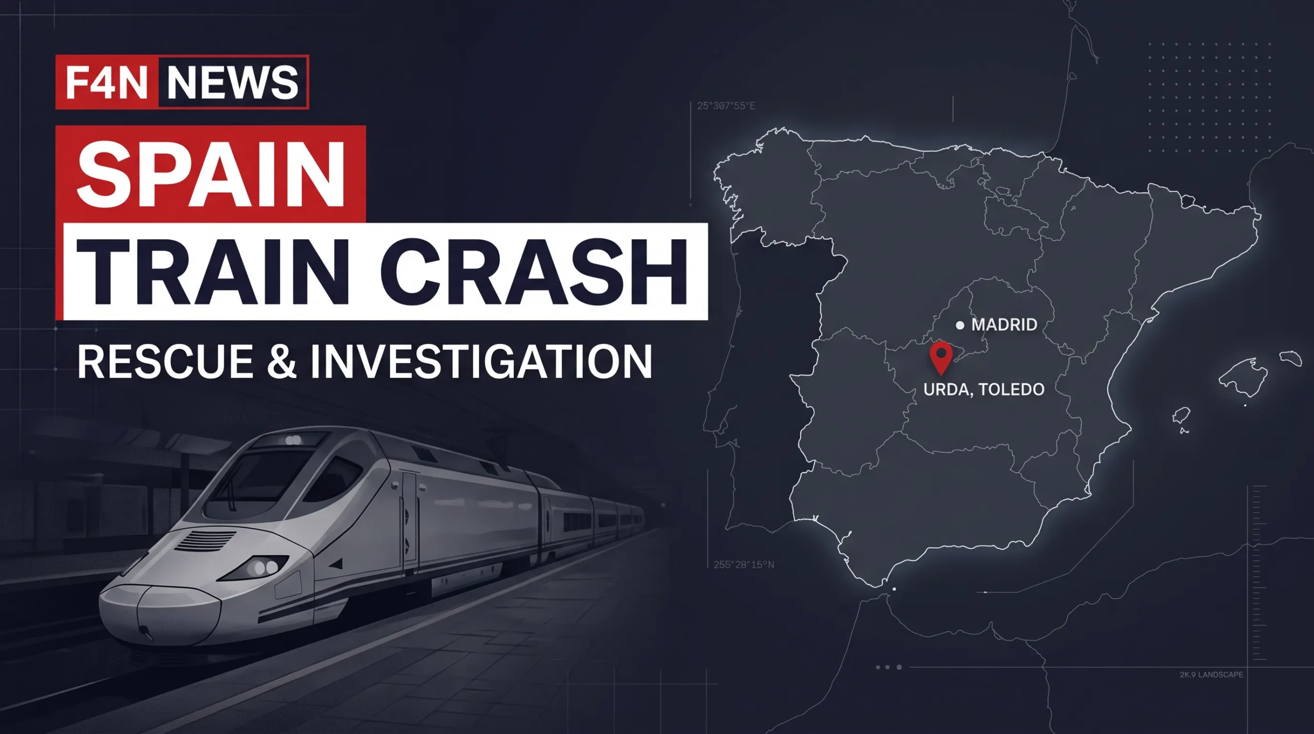 Editorial illustration of a generic high-speed train alongside a map locating Urda, Toledo, under Spain train crash rescue and investigation headline.