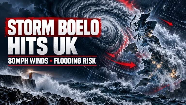 Editorial illustration of Storm Boelo approaching the UK, with storm clouds, heavy seas and warning text about 80mph winds and flooding risk.