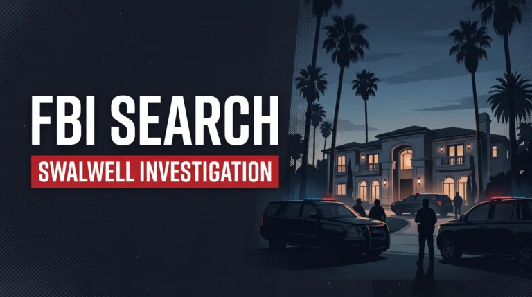 Editorial illustration of agents outside a generic Beverly Hills mansion, with the headline FBI Search, Swalwell Investigation. Not an image of the actual search.