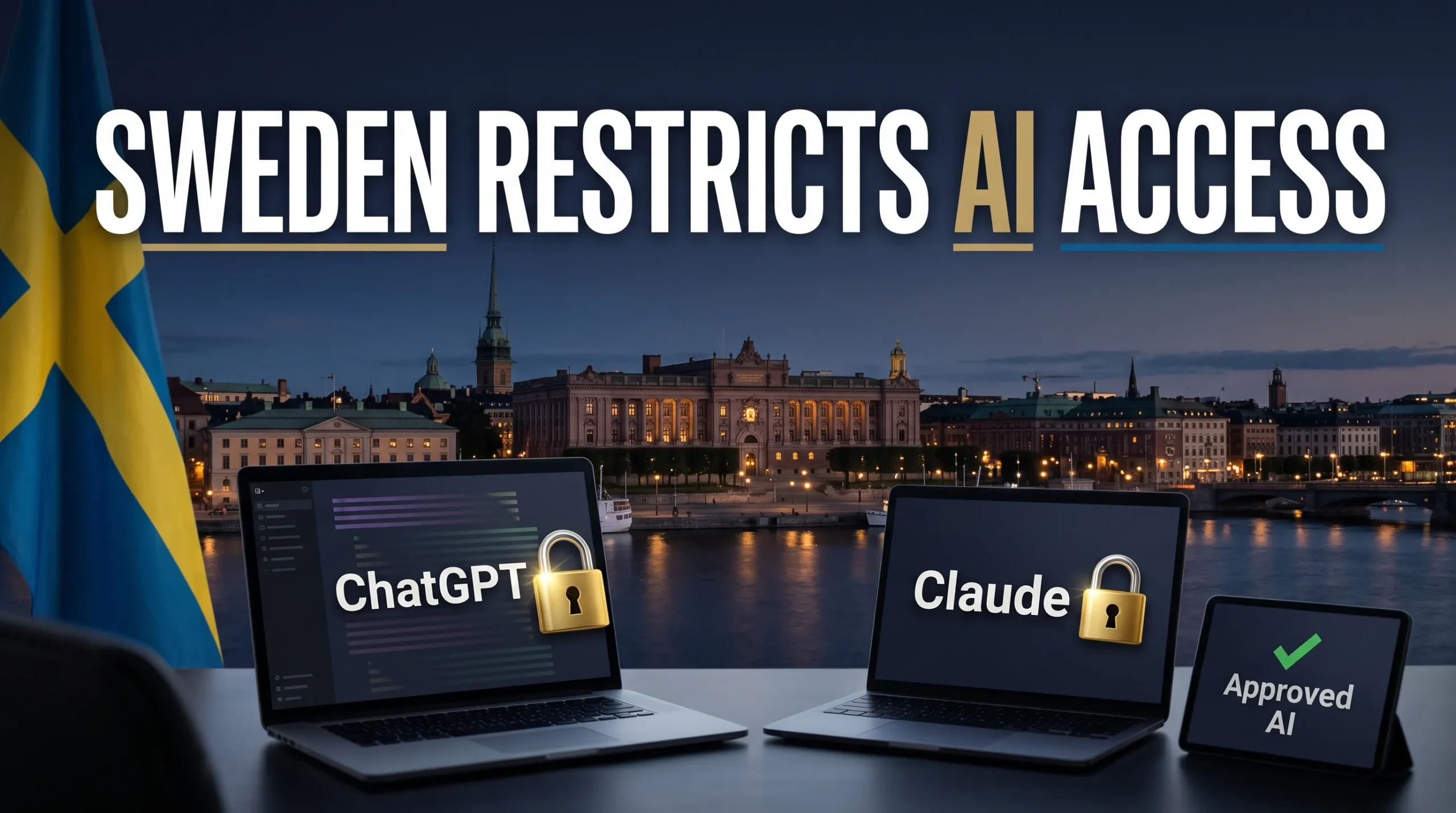 Composite editorial graphic showing Sweden, ChatGPT and Claude on locked work computers with approved AI access illustrated separately