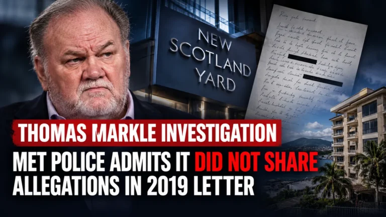 Illustrative composite featuring Thomas Markle, New Scotland Yard signage, a stylised letter and a Philippines cityscape.