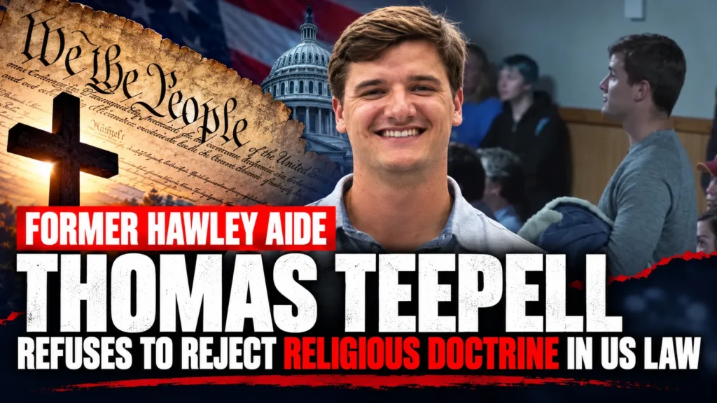 Editorial composite illustrating Thomas Teepell and the Michigan town hall debate, alongside the US Constitution, Capitol and a Christian cross.