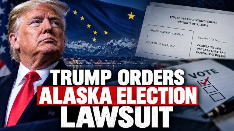Editorial illustration of Donald Trump, Alaska's flag and a federal court document relating to the Alaska Senate election lawsuit.