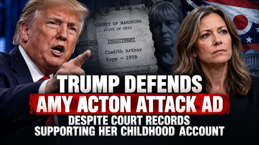 Editorial composite showing Donald Trump and Amy Acton with a headline about Trump's defence of a controversial Ohio campaign advertisement.