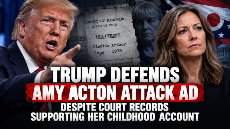 Editorial composite showing Donald Trump and Amy Acton with a headline about Trump's defence of a controversial Ohio campaign advertisement.