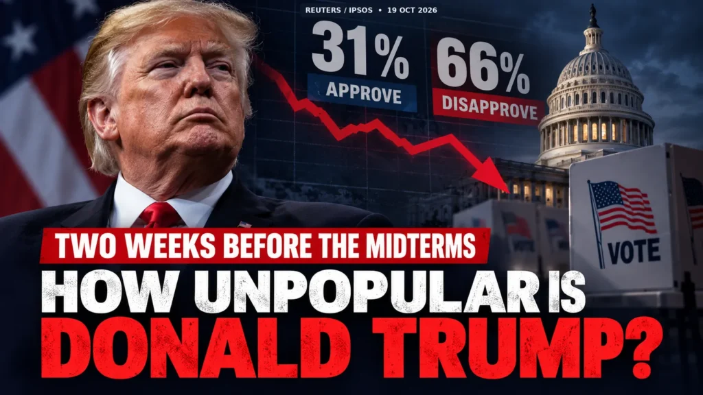 Editorial illustration of Donald Trump beside the US Capitol, showing Reuters/Ipsos polling figures of 31% approval and 66% disapproval ahead of the 2026 midterms.