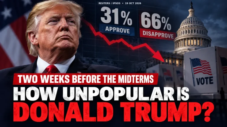 Editorial illustration of Donald Trump beside the US Capitol, showing Reuters/Ipsos polling figures of 31% approval and 66% disapproval ahead of the 2026 midterms.