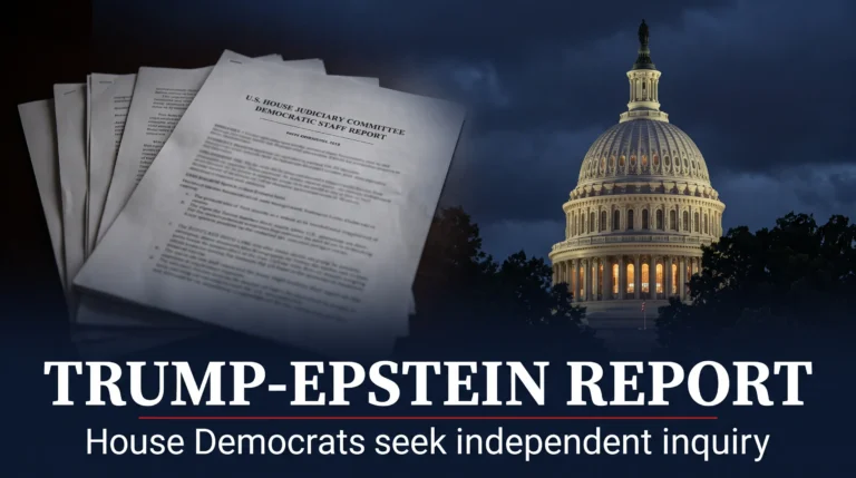 Editorial composite of US Capitol and House Judiciary Democratic staff report documents, headed Trump-Epstein Report, with call for independent inquiry