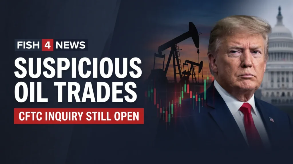 Fish 4 News composite showing Donald Trump, an oil pumpjack and market charts, with headline Suspicious Oil Trades: CFTC Inquiry Still Open