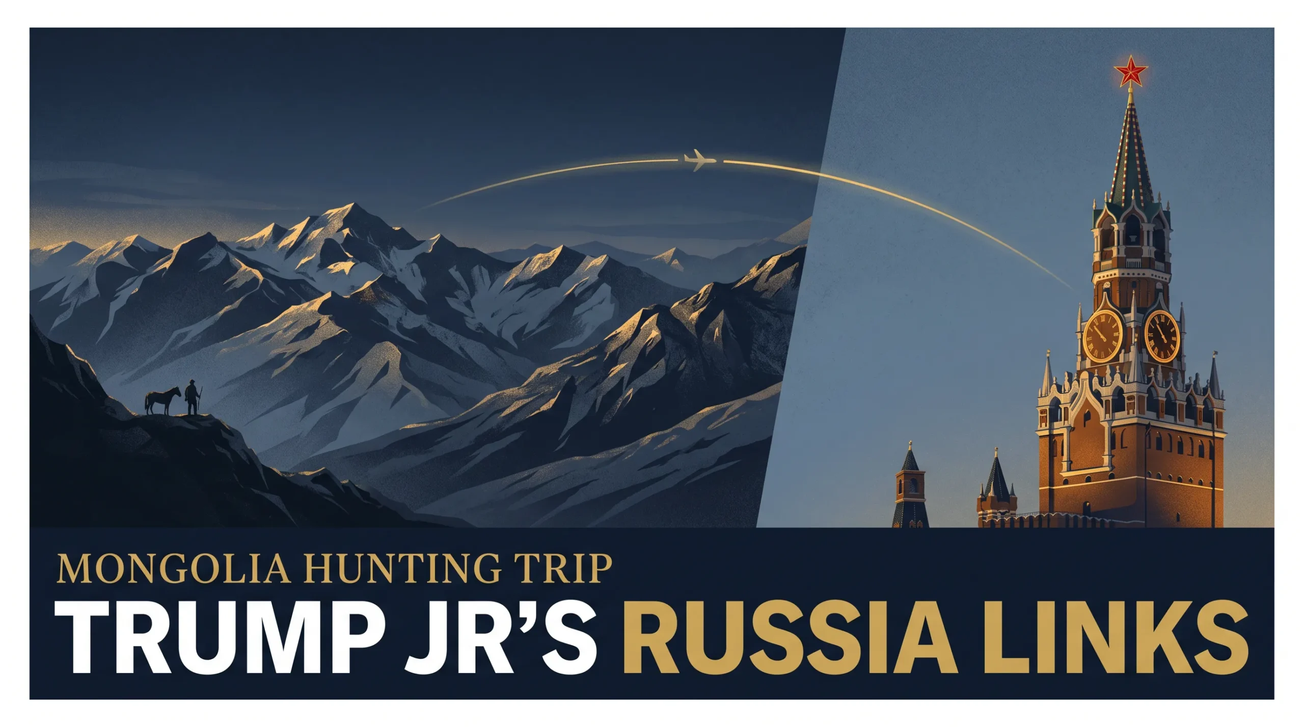 Editorial illustration of Mongolian mountains, a hunter silhouette and the Kremlin for reporting on Donald Trump Jr and Umar Kremlev.