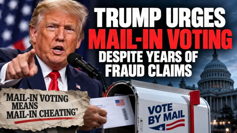 Editorial illustration of Donald Trump beside a postal ballot and mailbox, highlighting his conflicting messages about mail-in voting.