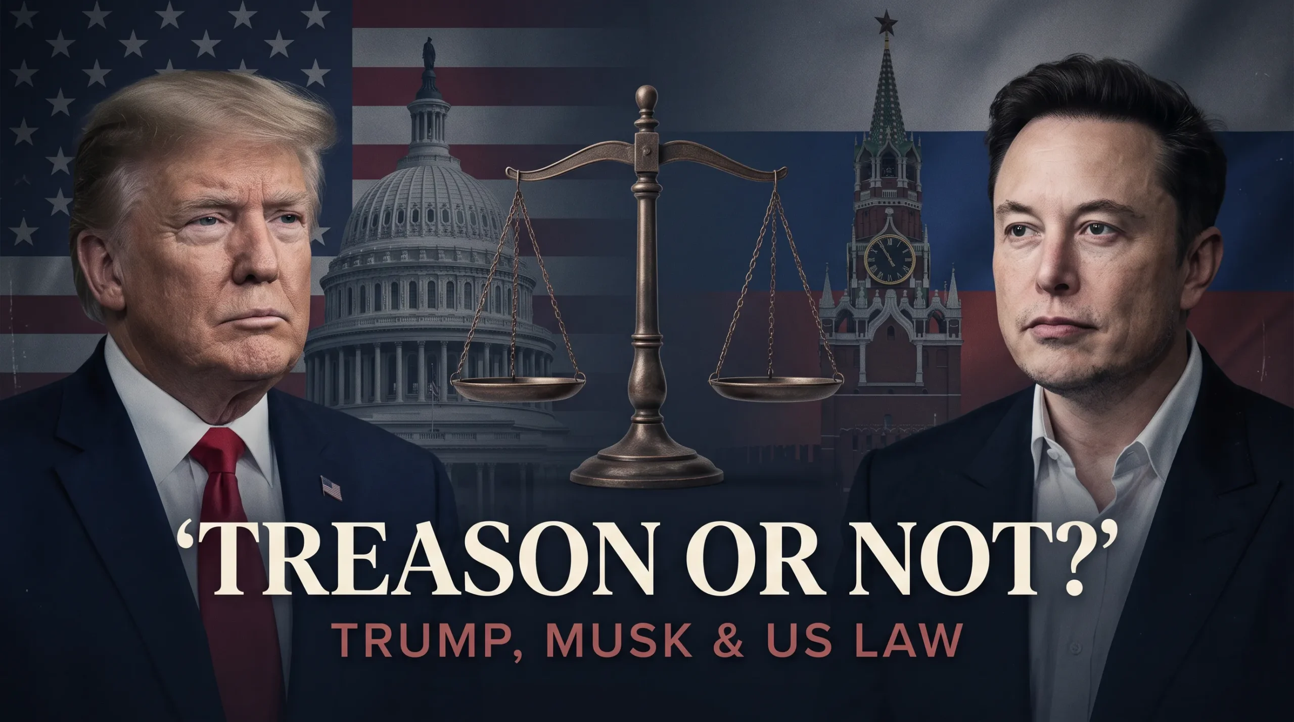 Editorial composite of Donald Trump and Elon Musk, with US and Russian landmarks and scales of justice