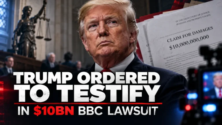 Editorial illustration of Donald Trump with a legal document and headline about his ordered deposition in the $10 billion BBC lawsuit.