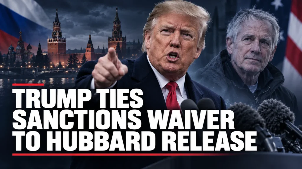 AI-generated editorial illustration of Donald Trump speaking, with the Kremlin and a symbolic older man representing Stephen Hubbard's release.