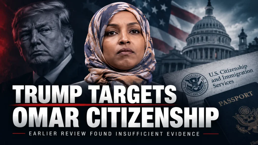 Editorial composite featuring Ilhan Omar and Donald Trump, with the US Capitol and citizenship documents in the background.