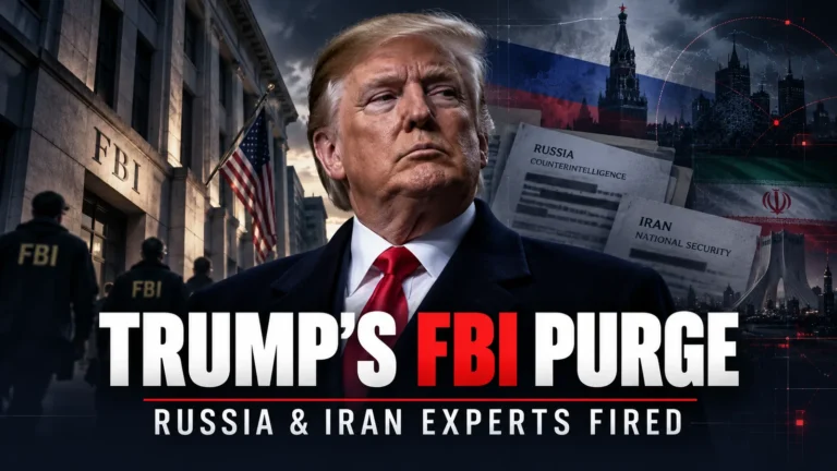 Editorial illustration of Donald Trump with FBI imagery and references to Russia and Iran, accompanying a report on dismissed counterintelligence specialists.