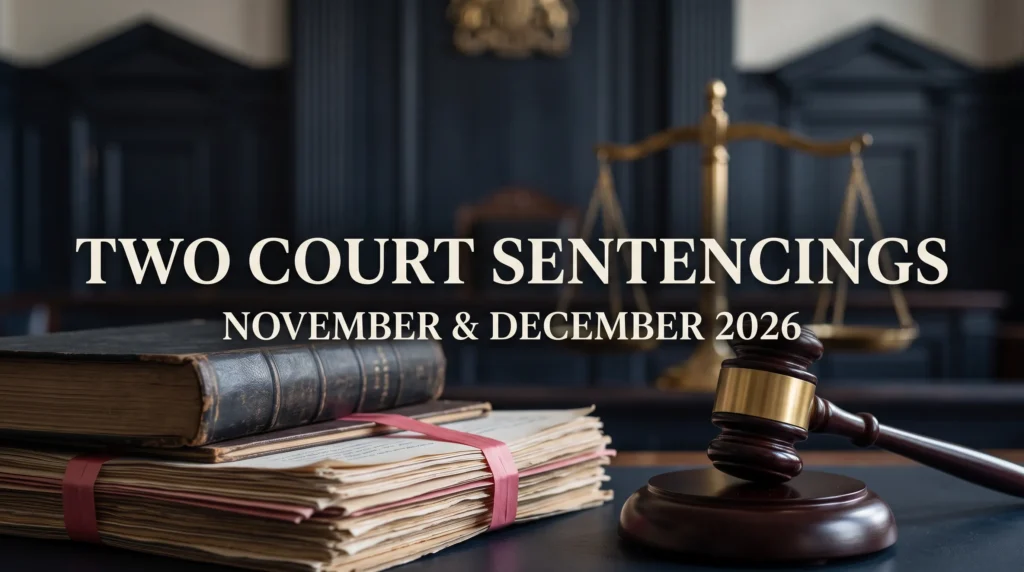 Editorial illustration of court files, a judge's gavel and scales of justice, with the text Two Court Sentencings, November and December 2026