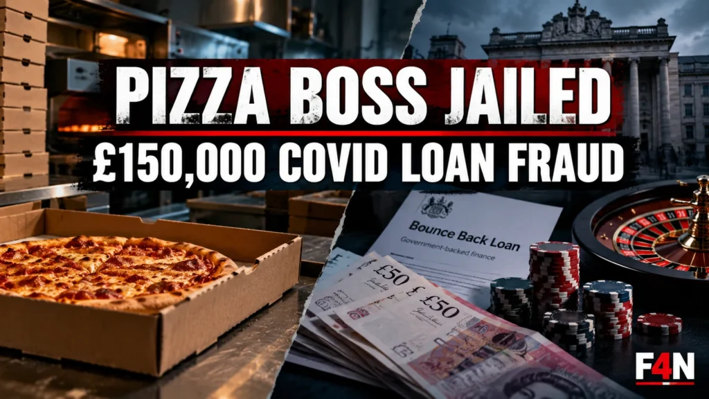Fish 4 News editorial composite showing a pizza takeaway, Bounce Back Loan document, gambling chips and the headline Pizza Boss Jailed, £150,000 Covid Loan Fraud.