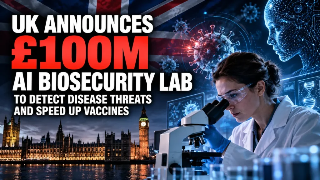 Editorial illustration of a scientist using a microscope with AI circuitry, virus imagery and the Houses of Parliament for the UK's AI Biosecurity Lab announcement.