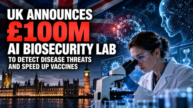 Editorial illustration of a scientist using a microscope with AI circuitry, virus imagery and the Houses of Parliament for the UK's AI Biosecurity Lab announcement.