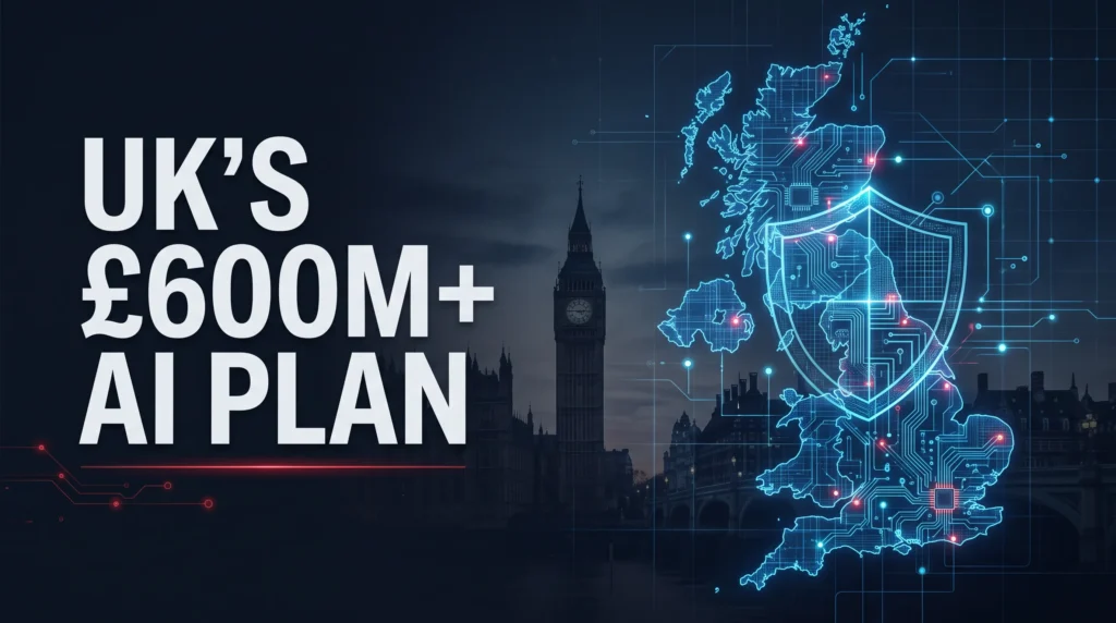 Editorial graphic illustrating the UK government's £600m-plus AI plan with Westminster, circuitry and a digital map of Britain.