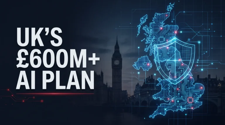 Editorial graphic illustrating the UK government's £600m-plus AI plan with Westminster, circuitry and a digital map of Britain.