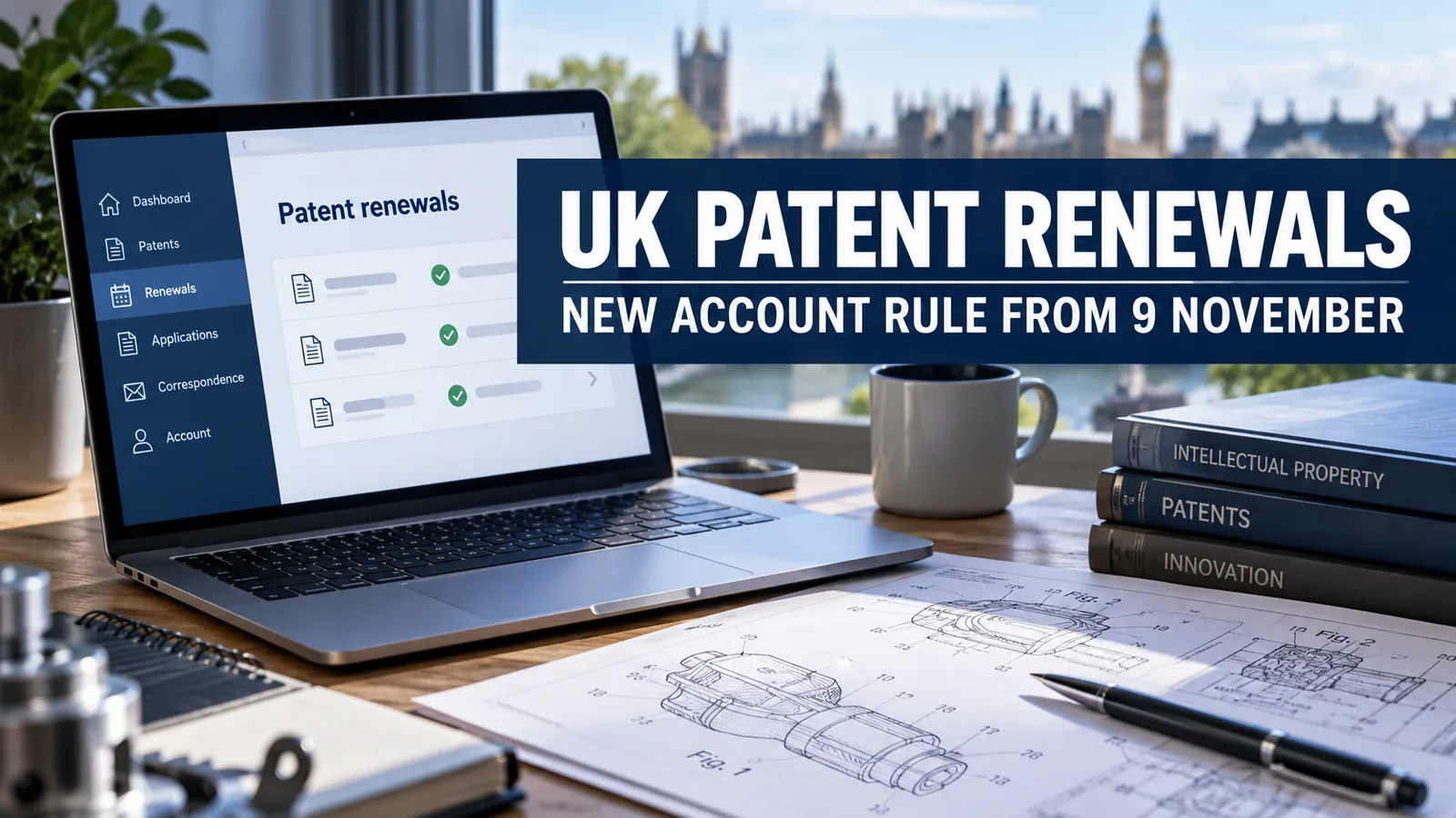 Editorial composite of a laptop showing a patent renewals screen, patent drawings and books, with the headline UK Patent Renewals: New Account Rule From 9 November.