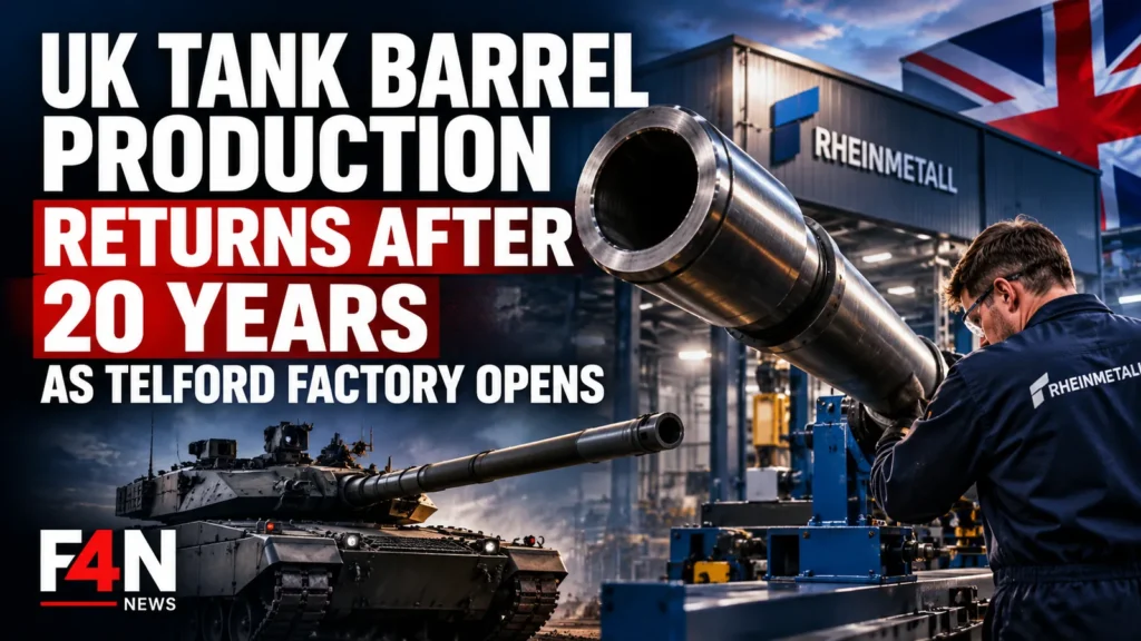 Editorial composite illustrating the return of UK tank barrel manufacturing, showing a machined gun barrel, factory worker and armoured vehicle.