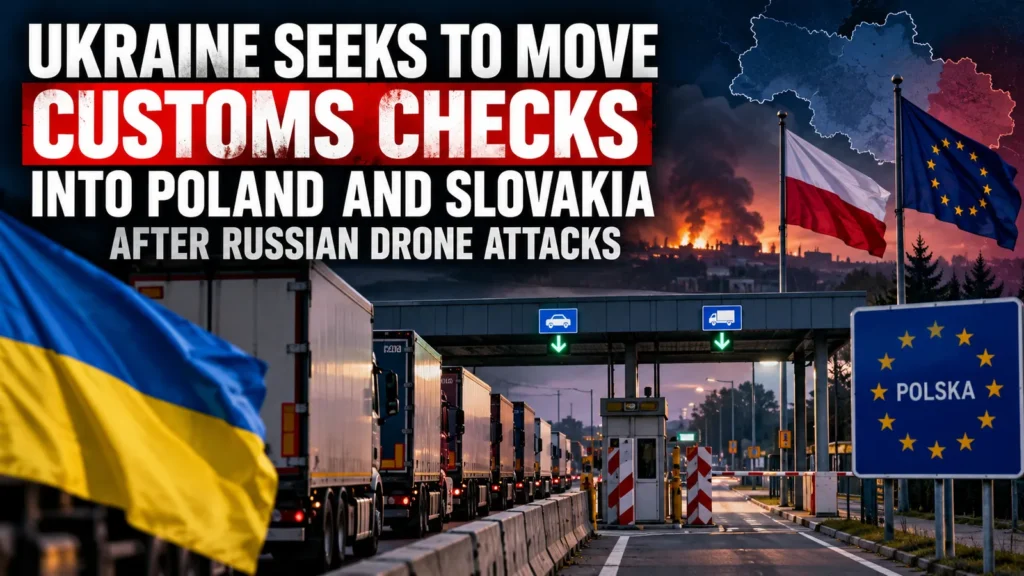 Editorial illustration of freight lorries at a border checkpoint with Ukrainian, Polish and EU flags, representing Ukraine's proposed relocation of customs checks.