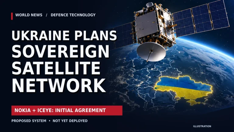 Editorial composite of a satellite above Europe, Finnish and Ukrainian flags, and a Ukrainian soldier beside a crossed-out Starlink dish, illustrating Ukraine's proposed Nokia and ICEYE satellite network.