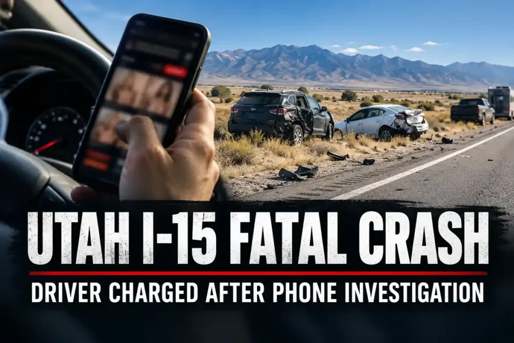 Editorial illustration of phone distraction and vehicles on a Utah-style road, with the words Utah I-15 Fatal Crash and Driver Charged After Phone Investigation. Not a photograph of the June 2026 collision.