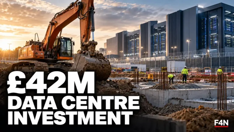 Illustration of an excavator and construction workers building a data centre, accompanying news of a reported £42m investment in VKE Group.
