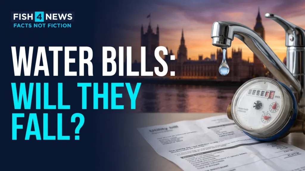 Fish 4 News composite of a water tap, water meter and utility bill against Westminster, asking whether UK water bills will fall.
