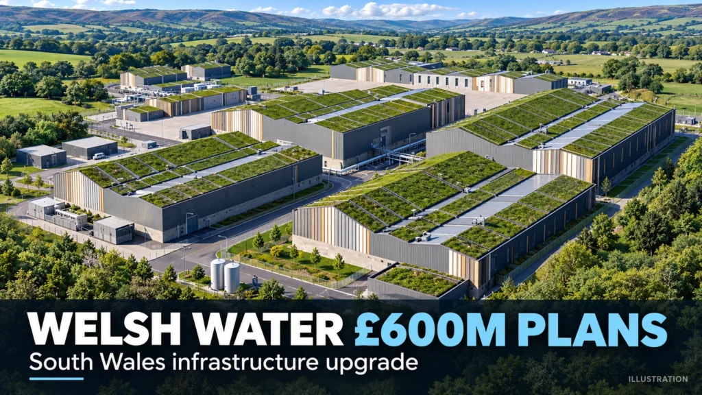 AI-generated illustration of a modern water treatment complex with green roofs in a South Wales landscape, headed 'Welsh Water £600m plans'. Not the official proposed design.