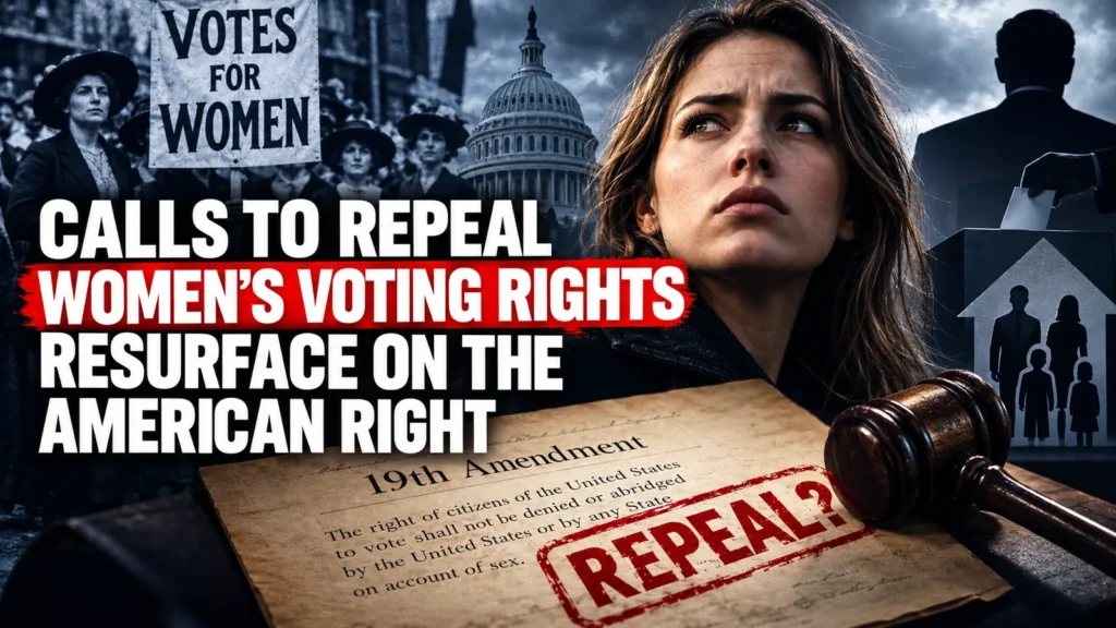 Editorial illustration of women's suffrage campaigners, the US Capitol, the 19th Amendment and a ballot box, highlighting renewed calls to restrict voting rights.