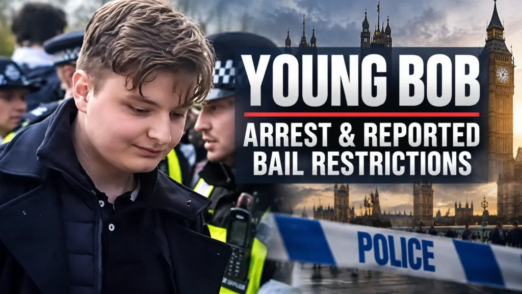Editorial composite of Young Bob beside police officers and Parliament with the headline Arrest and Reported Bail Restrictions.